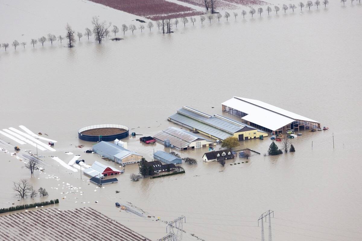 One of the flooded farms in Sumas Prairie from an aerial tour with provincial officials, Nov. 23, 2021. Some farms are recovering but more heavy rain is expected. (B.C. government photo)