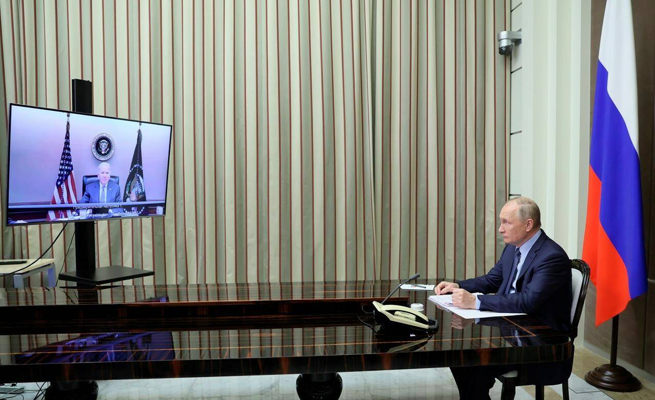 Russian President Vladimir Putin during his talks with U.S. President Joe Biden in the Bocharov Ruchei residence in the Black Sea resort of Sochi, Russia, Tuesday, Dec. 7, 2021. The prospect of a Russian invasion of Ukraine is part of the backdrop of Biden’s Summit for Democracy, which begins Thursday. THE CANADIAN PRESS/Sputnik, Kremlin Pool Photo via AP