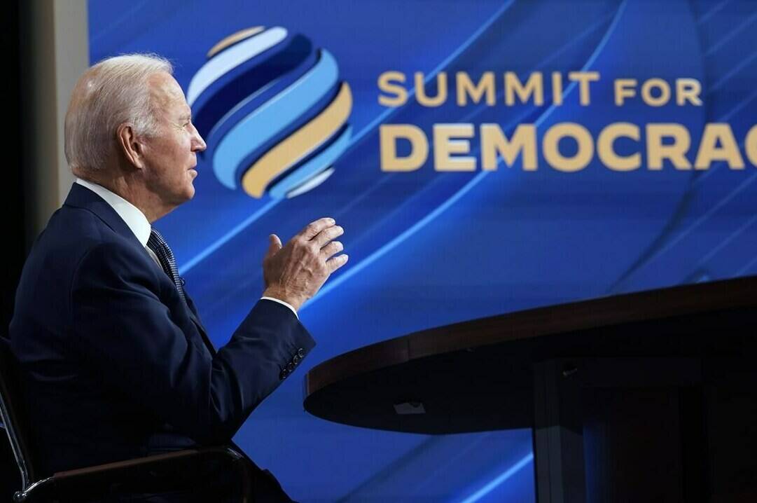 President Joe Biden speaks from the South Court Auditorium on the White House complex in Washington, Thursday, Dec. 9, 2021, for the opening of the Democracy Summit.The two-day virtual summit is billed as an opportunity for leaders and civil society experts from some 110 countries to collaborate on fighting corruption and promoting respect for human rights. THE CANADIAN PRESS/AP-Susan Walsh