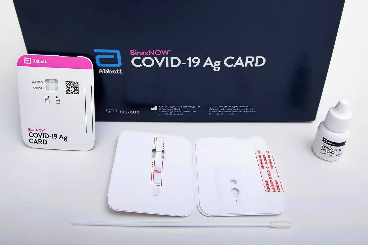 This image provided by Abbott Laboratories in August 2020 shows the company’s BinaxNOW rapid COVID-19 nasal swab test. THE CANADIAN PRESS/HO-Abbott Laboratories via AP