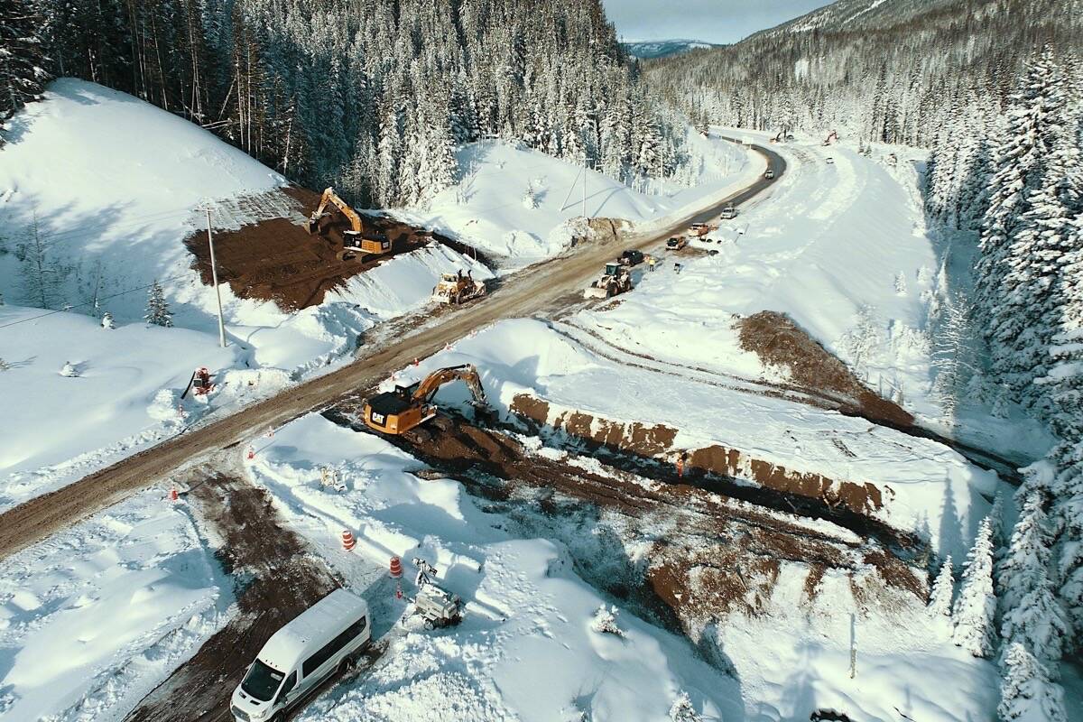 Culvert repairs continue Dec. 12, 2021 at Mine Creek on Highway 5, on of the damaged sites on the Coquihalla Highway after record mid-November rainfall and landslides. (B.C. transportation ministry photo)