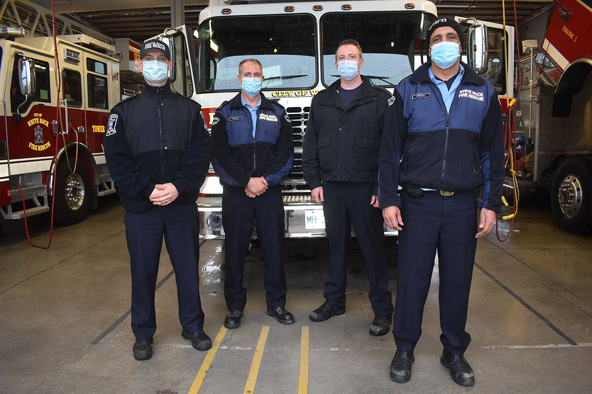 White Rock firefighters (left to right) Scott Pearson, Capt. Cordell Fulton, Cory McKinnon and Bira Bindra say they were happy to be there there in time to assist in delivering a premature baby girl in a Columbia Avenue residence on Jan. 11. Alex Browne photo