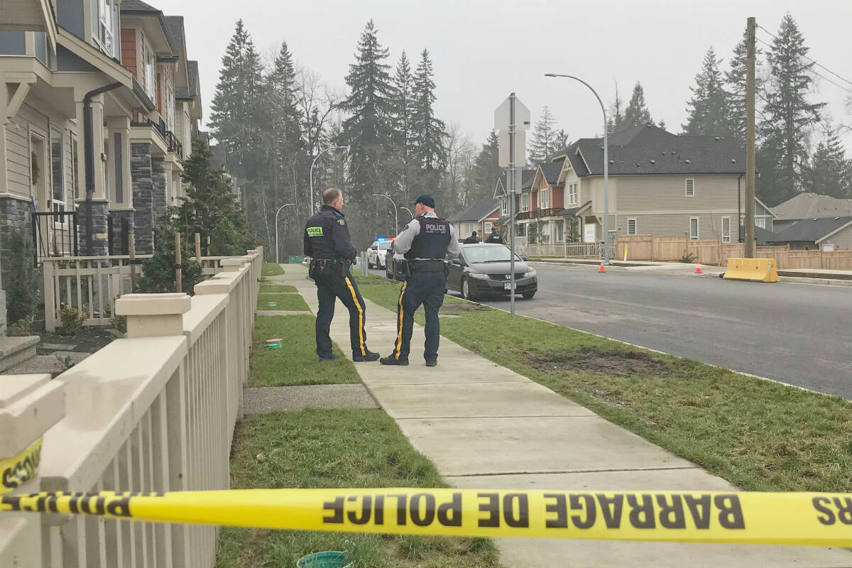 RCMP have an area of Willoughby cordoned off after a shooting on the afternoon of Tuesday, Jan. 25, 2022. (Matthew Claxton/Langley Advance Times)