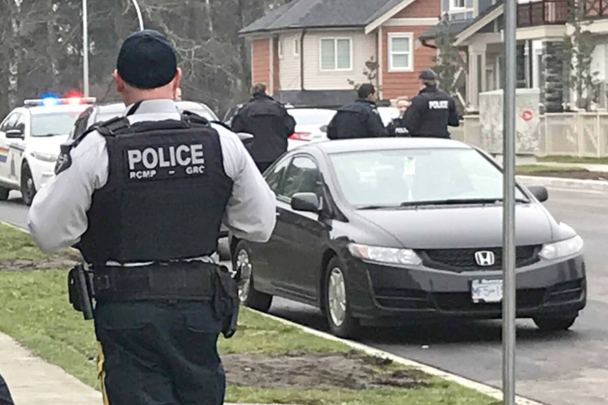 RCMP have an area of Willoughby cordoned off after a shooting on the afternoon of Tuesday, Jan. 25, 2022. (Matthew Claxton/Langley Advance Times)