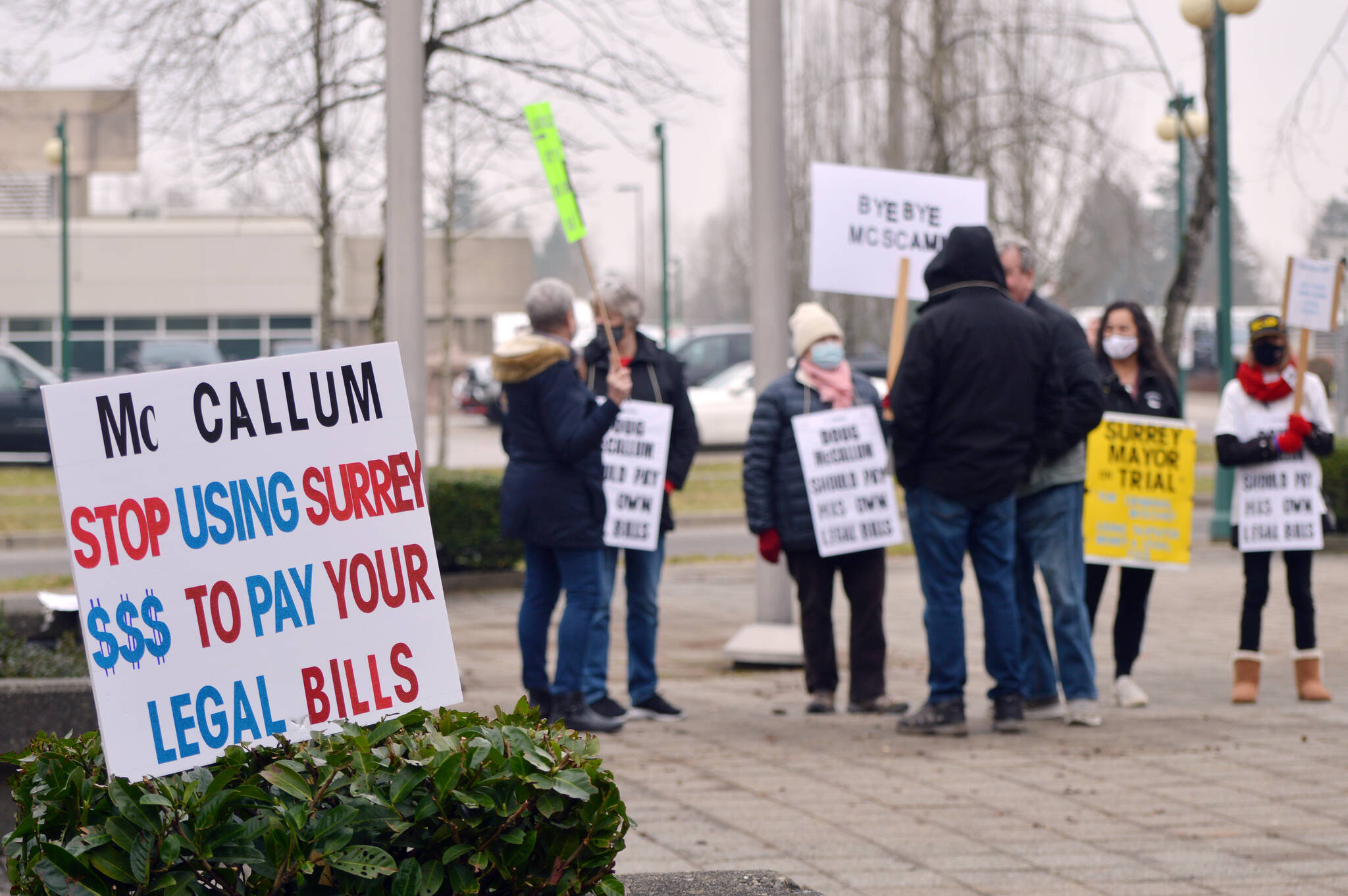 The Keep the RCMP in Surrey campaign organized a rally outside of Surrey Provincial Court Tuesday (Jan. 25) for Surrey Mayor Doug McCallum’s first court appearance for his public mischief charge. (Photo: Lauren Collins)