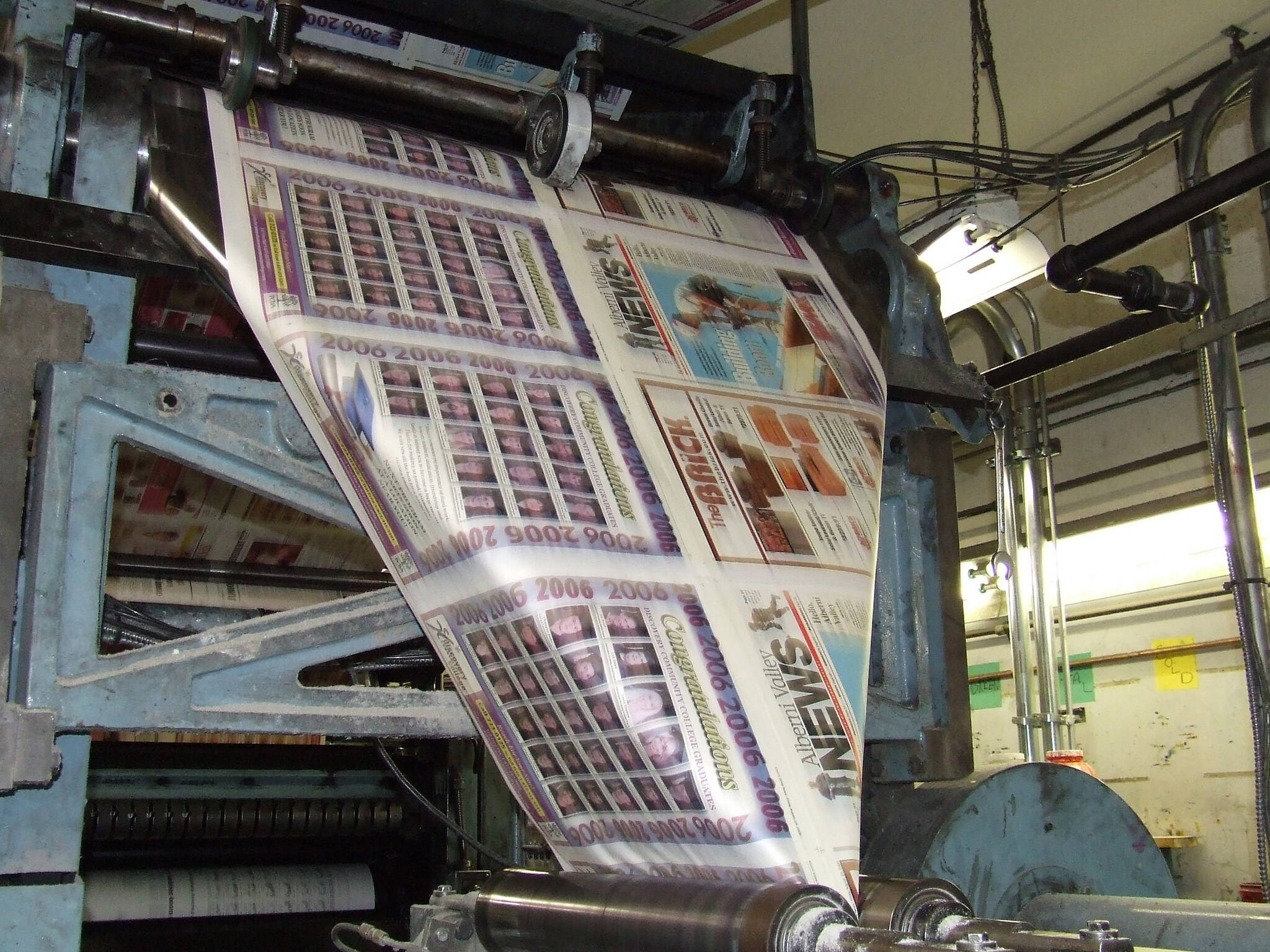 The development of the printing press in the 1400s led to the creation of books and other printed materials for the public to read. This file photo shows the first edition of the Alberni Valley News rolling through the press at the Black Press printing plant in Ladysmith. (Alberni Valley News file photo)