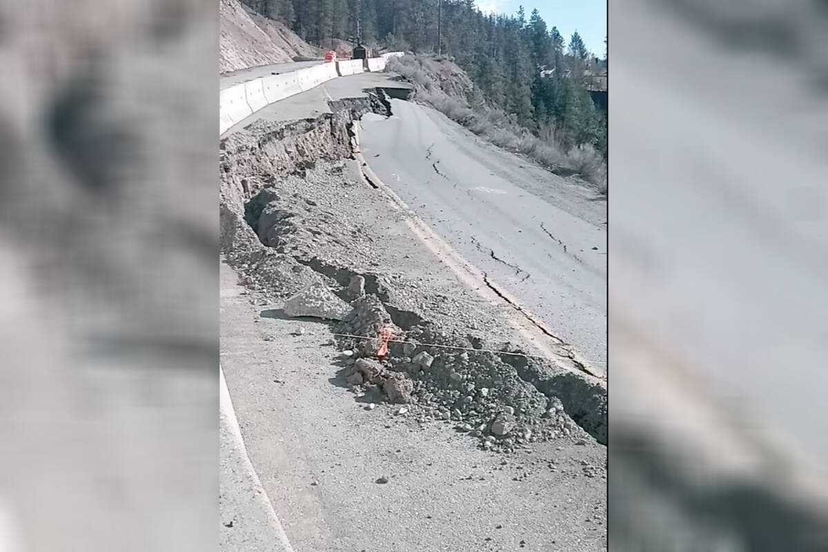 A portion of Highway 12 just north of Lytton has apparently collapsed. The Highway is closed in both directions as Drive BC conducts a geotechnical assessment on the area. (Bill Paul photo)