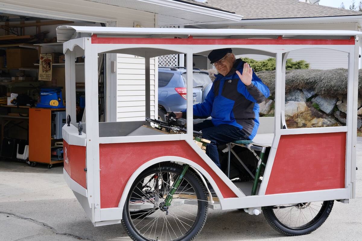 Bruce Hunter built his ‘Nelectricar’ with all locally purchased parts and materials. He designed the shell of the vehicle to resemble Nelson’s historic streetcars. Photo: Bill Metcalfe