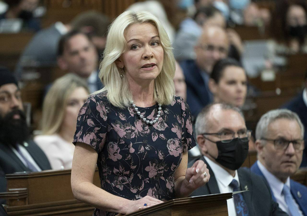 Interim Conservative leader Candice Bergen rises during Question Period, Wednesday, April 27, 2022 in Ottawa. Conservative caucus members have been instructed not to comment on a leaked U.S. Supreme Court draft opinion, suggesting the top court could overturn a 1973 decision that legalized abortion. THE CANADIAN PRESS/Adrian Wyld