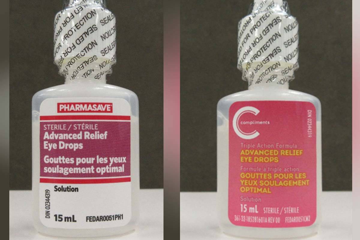 Health Canada has recalled a lot each of Pharmasave Advanced Relief Eye Drops and Compliments Advanced Relief Eye Drops over a packaging error. (Courtesy Health Canada)
