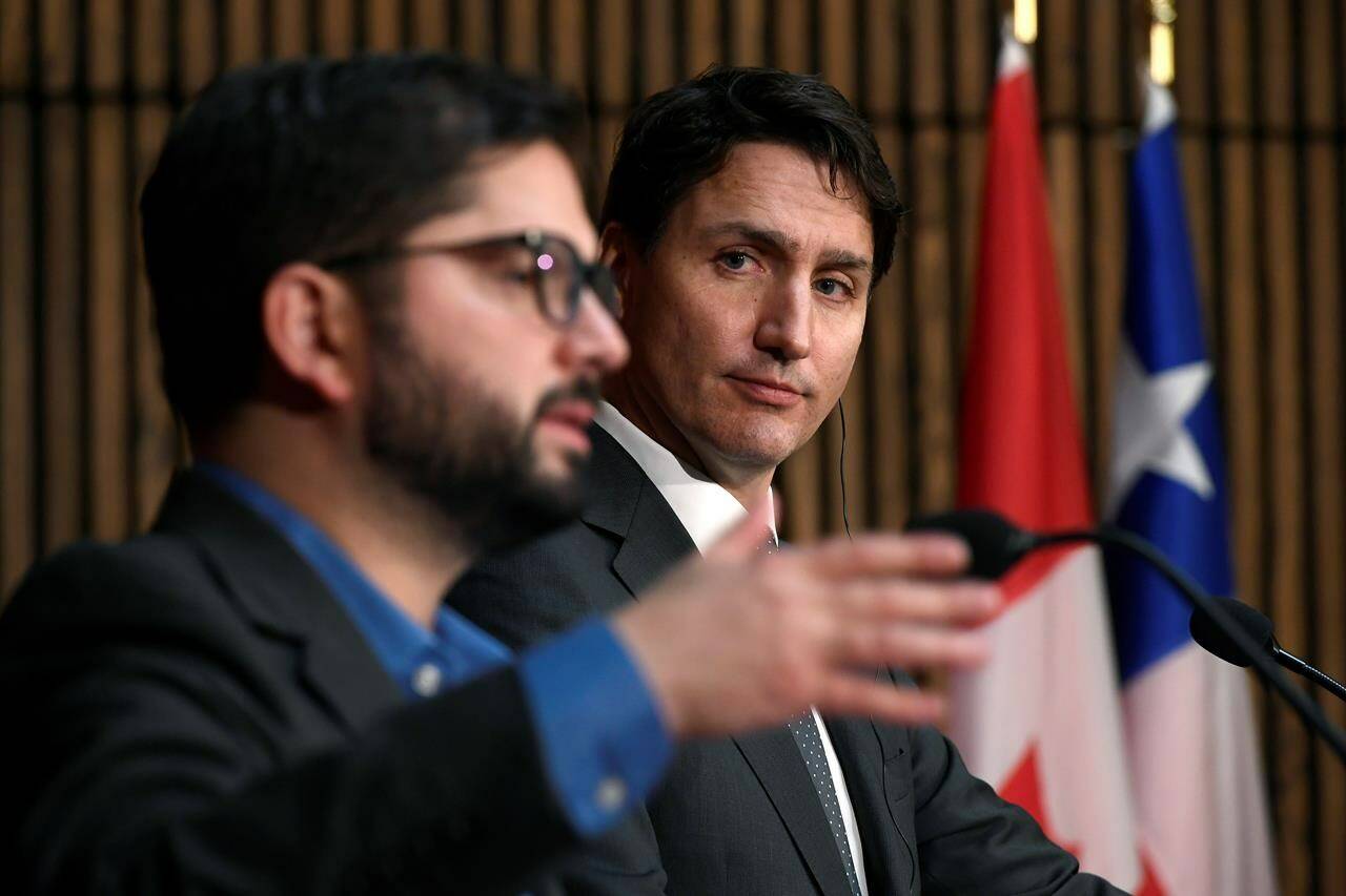 Prime Minister Justin Trudeau and President of the Republic of Chile Gabriel Boric participate in a joint news conference in Ottawa, on Monday, June 6, 2022. THE CANADIAN PRESS/Justin Tang