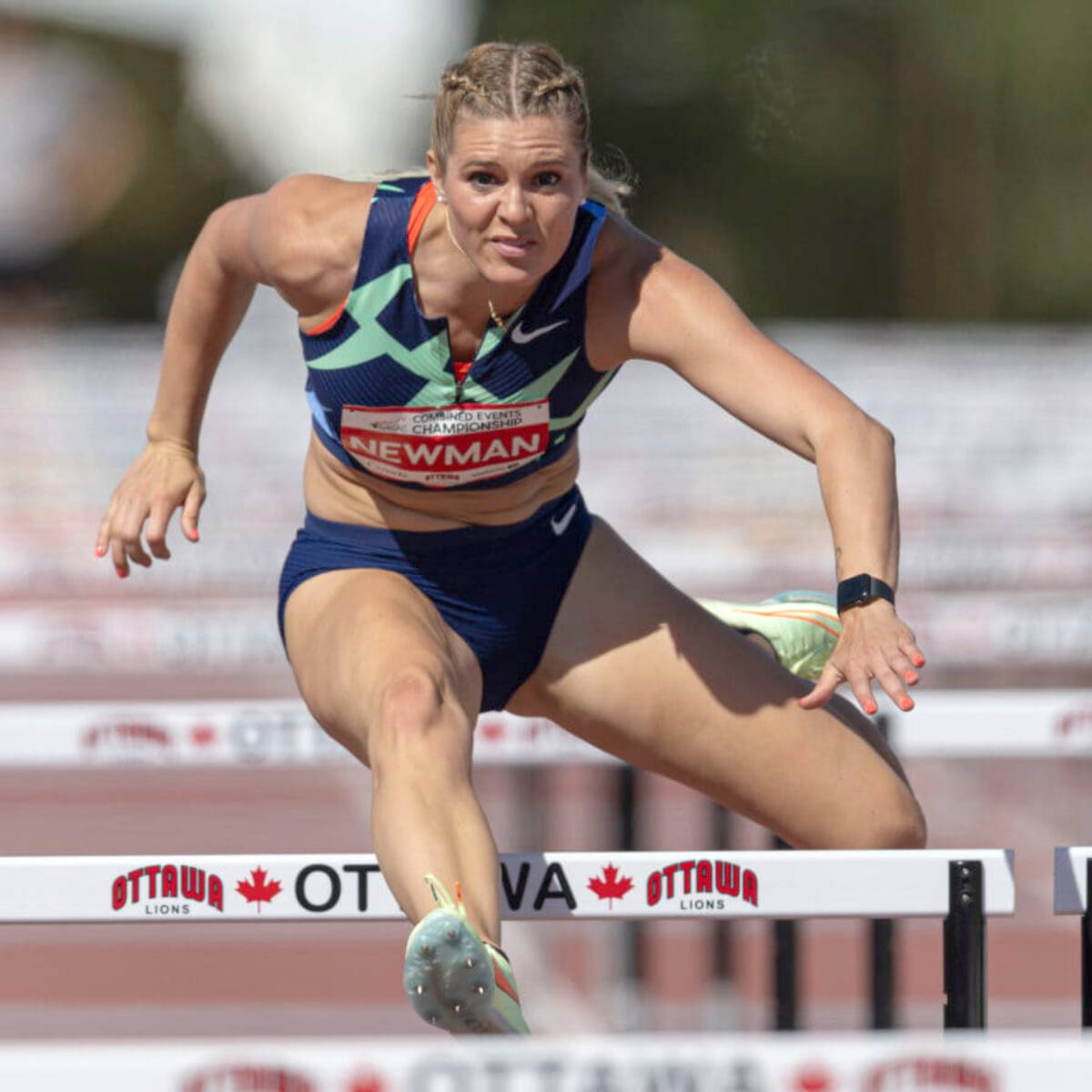 Alysha Newman competing in the heptathlon 100m hurdles at the 2022 NACAC North America, Central America, and Caribbean Combined Events Championships held in Ottawa in mid-May. (Sean Burges,Mundo Sport Images/Special to Langley Advance Times)