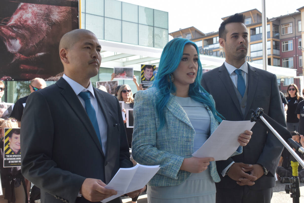 (From left) Roy Sasano, Amy Soranno and Nick Schafer speak to the media Monday morning (June 27) on the first day of their trial at B.C. Supreme Court in Abbotsford. (Ben Lypka/Abbotsford News)