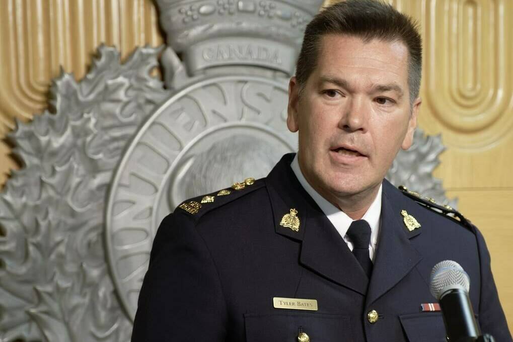 Chief Supt. Tyler Bates of the RCMP’s South District Management Team speaks during a press conference in Regina on Tuesday, Aug. 9, 2022. RCMP say an arrest warrant has been issued for 50-year-old Benjamin Martin Moore, a convicted sex offender at the centre of an Amber Alert for two children. THE CANADIAN PRESS/Michael Bell