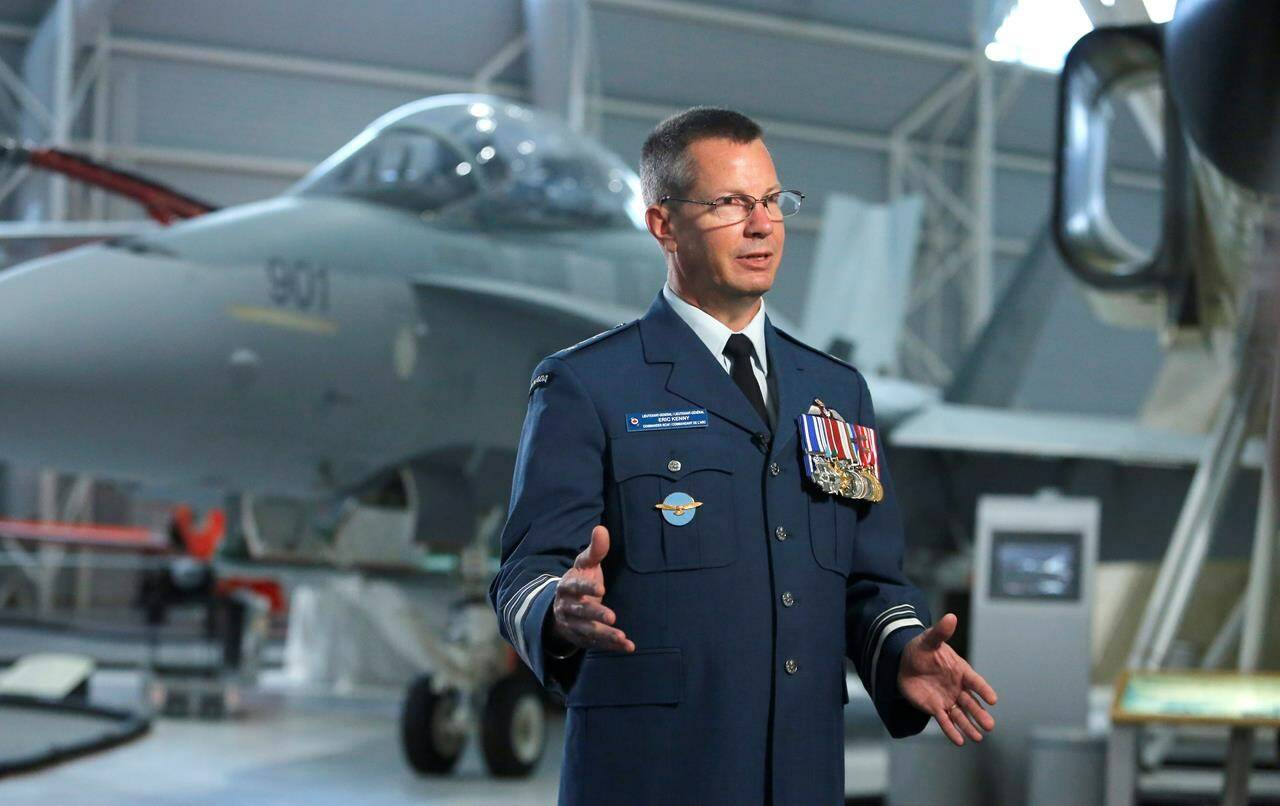 Royal Canadian Air Force commander Lt.-Gen. Eric Kenny announced that he was delaying a ceremony to install a new commander at one of Canadas two fighter-jet bases, attributing the decision to an ongoing military police investigation into statements made during what he described as a call sign review board. Kenny speaks during an interview at the Canada Aviation and Space Museum in Ottawa on Friday, August 12, 2022. THE CANADIAN PRESS/ Patrick Doyle