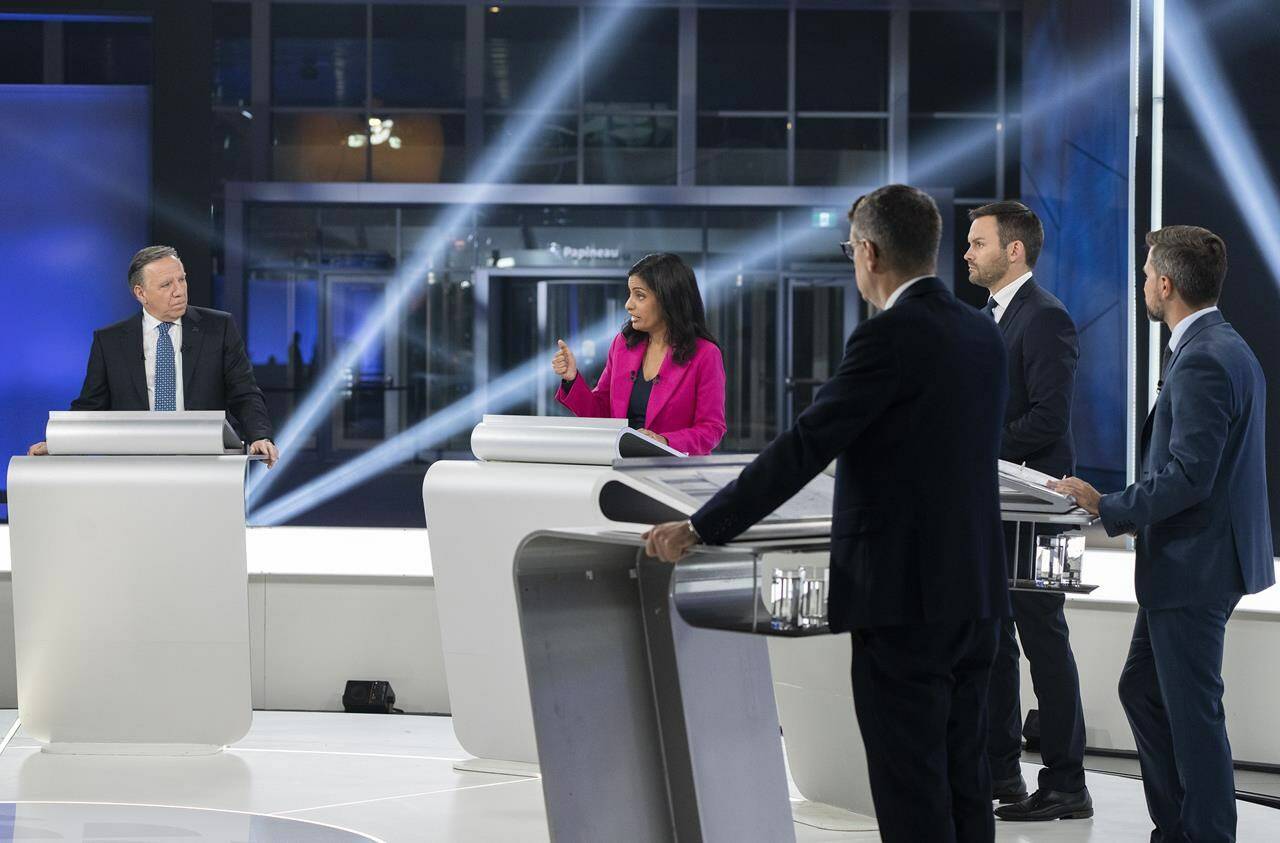 From left, CAQ Leader Francois Legault, Liberal Leader Dominique Anglade, Parti Quebecois Leader Paul St-Pierre Plamondon, Quebec Solidaire co-spokesperson Gabriel Nadeau-Dubois and Quebec Conservative Leader Eric Duhaime participate in a leaders debate in Montreal, Thursday, September 22, 2022. Quebecers will go to the polls on October 3rd. THE CANADIAN PRESS/Paul Chiasson