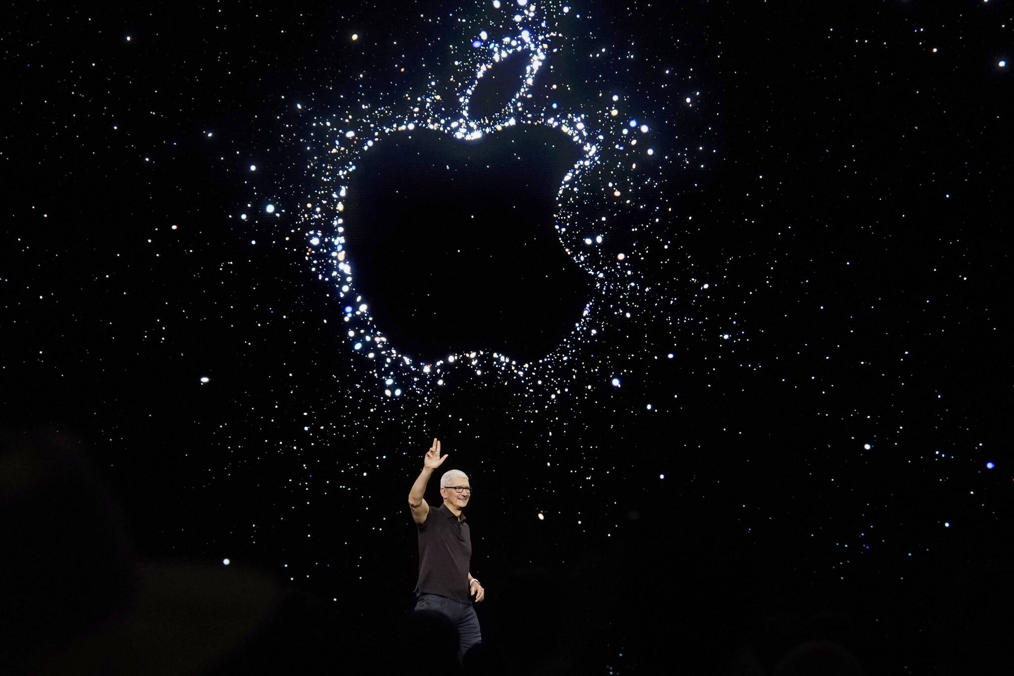 FILE - Apple CEO Tim Cook speaks at an Apple event on the campus of Apple’s headquarters in Cupertino, Calif., on Sept. 7, 2022. Apple Music is about to reach a huge numerical milestone â€” offering an eye-popping 100 million songs available on the streaming service. (AP Photo/Jeff Chiu, File)