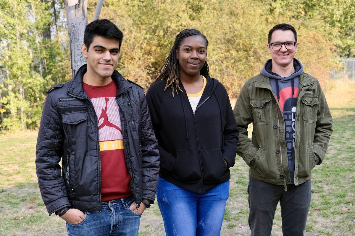 L-R: Sai Batta from India, Shanique Eldemire from Jamaica, and Guilherme Alano from Brazil, all say they are pleased about the federal government’s decision to allow them to work full time while studying. They are students in the culinary management diploma program at Selkirk College’s Tenth Street Campus. The program is for people who already have a culinary or hospitality credential from outside of Canada. Photo: Bill Metcalfe