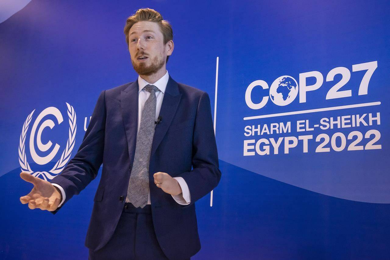 Jason Boberg, a member of the disability caucus and a founder of the disability climate action network SustainedAbility, speaks at the COP27 U.N. Climate Summit in Sharm el-Sheikh, Egypt, Sunday, Nov. 6, 2022. Boberg told The Associated Press in an interview days before he departed for COP27 that he’s seen pro-disability rights language in draft text of negotiations at previous conferences, including language about funding disability rights organizations to do climate action work. But that language has been cut from final agreements at the negotiations. (AP Photo/Nariman El-Mofty)