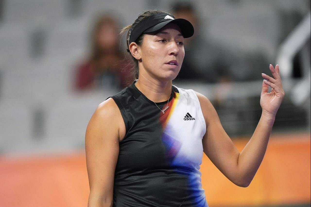 Jessica Pegula, of the United States, reacts during a WTA Finals tennis tournament match in Fort Worth, Texas, Nov. 4, 2022. Much like many of Twitter’s hundreds of millions of users, professional sports stars are also dealing with the chaos and uncertainty surrounding the microblogging app since Elon Musk took it over and began trimming the staff and making other changes. Even the people paid to advise the athletes are not necessarily sure how to proceed as Twitter evolves — or maybe goes away entirely. (AP Photo/LM Otero)