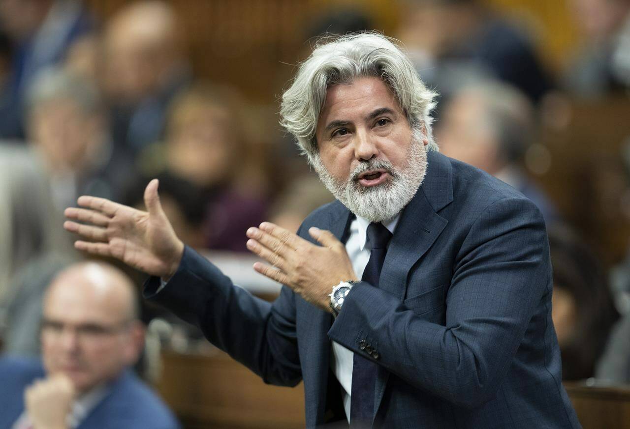 Canadian Heritage Minister Pablo Rodriguez responds to a question during question period, Monday, Nov. 21, 2022, in Ottawa. Rodriguez accused Facebook on Thursday of trying to intimidate Canadians with threats of pulling news content from its platform, following the adoption of Bill C-18 in the House of Commons. THE CANADIAN PRESS/Adrian Wyld