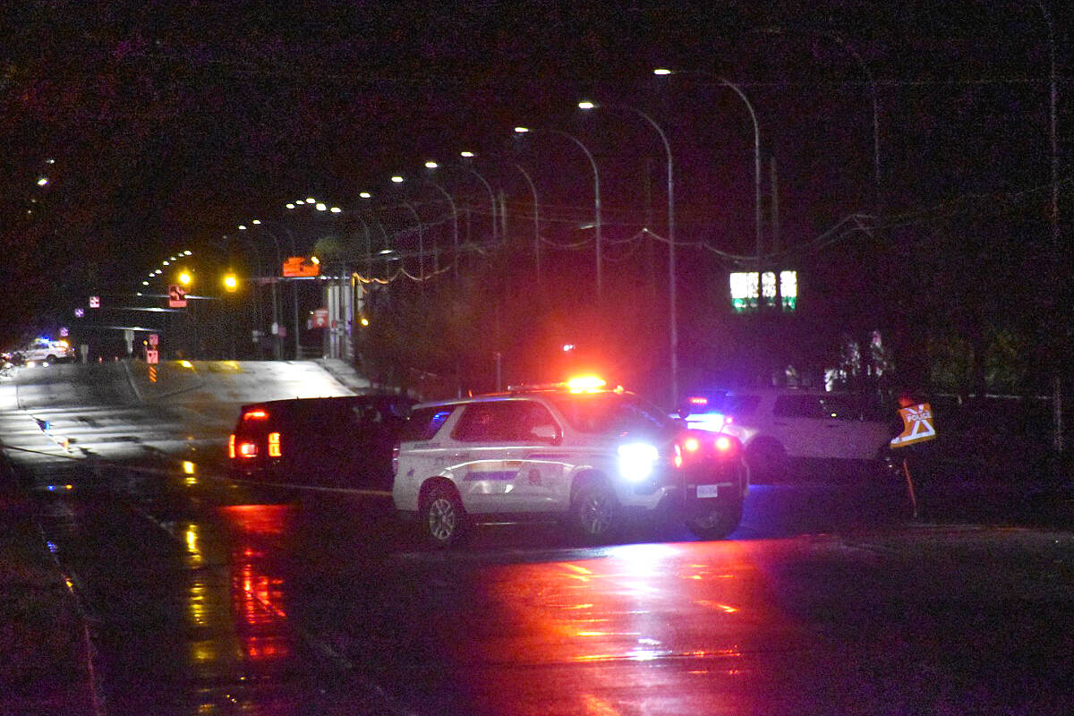 A 17-year-old male from Surrey has been identified as the victim of a single vehicle crash involving a 2021 Tesla on Fraser Highway in Langley’s Murrayville neighbourhood on Saturday night, Jan. 7. (Curtis Kreklau, South Fraser News Services/Special to Langley Advance Times)