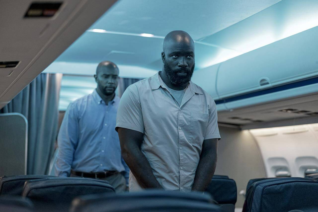 This image released by Lionsgate shows Mike Colter in a scene from “Plane.” (Kenneth Rexach/Lionsgate via AP)