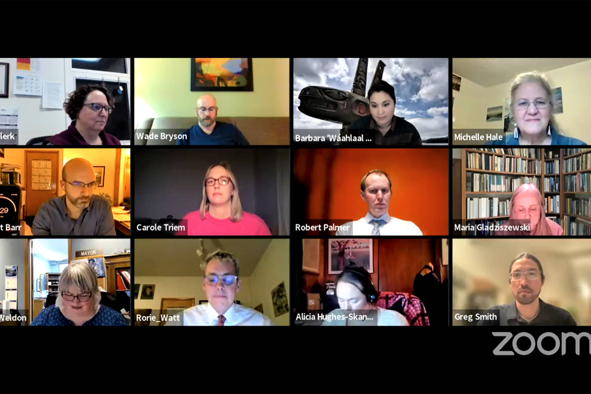 Members of the City and Borough of Juneau City Assembly during a Zoom meeting. (Screenshot)