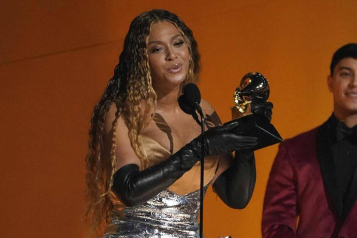 Beyonce accepts the award for best dance/electronic music album for "Renaissance" at the 65th annual Grammy Awards on Sunday, Feb. 5, 2023, in Los Angeles. (AP Photo/Chris Pizzello)