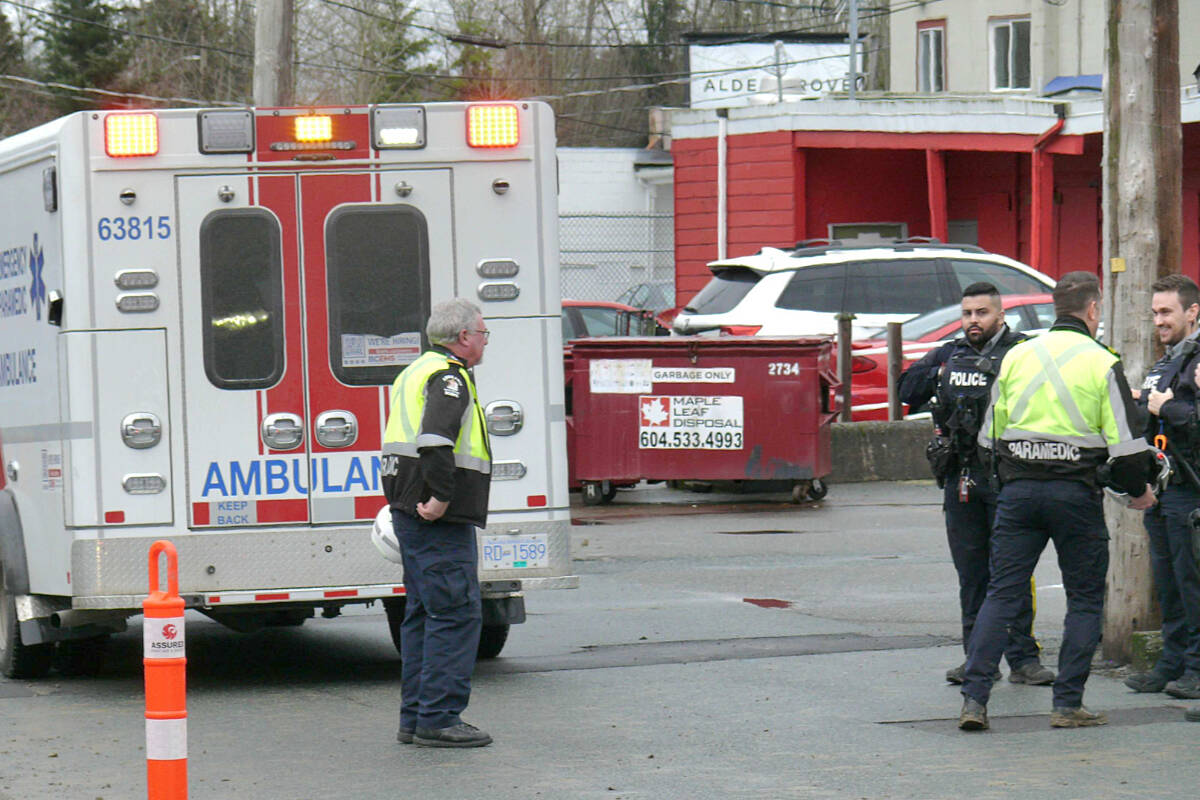 First responders at the scene of a wall collapse on a construction site in Aldergrove on Monday, Feb. 6. (Dan Ferguson/Langley Advance Times files)