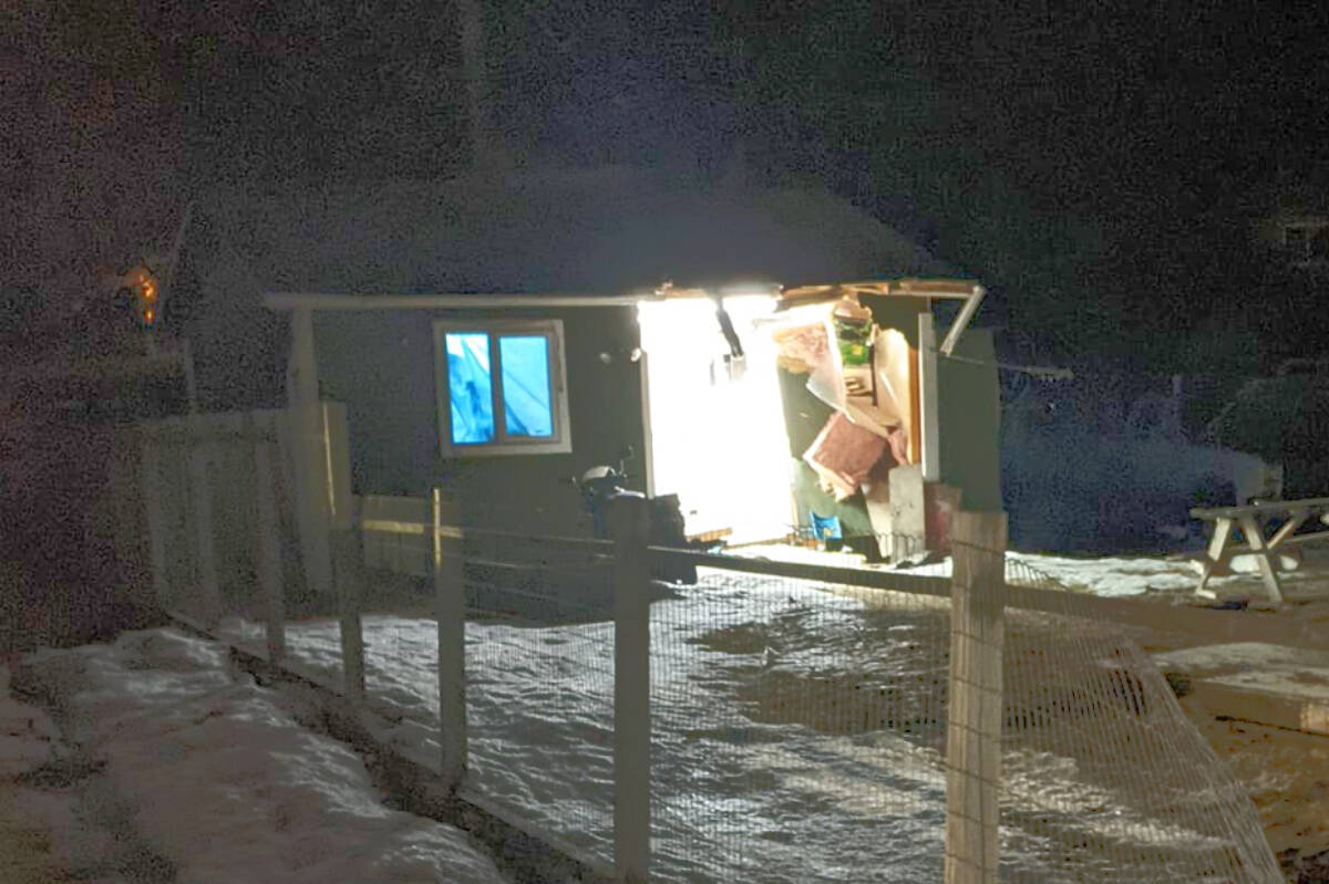 A shed allegedly damaged by a rock truck driven wildly through the streets of Smithers April 2. (Facebook photo)