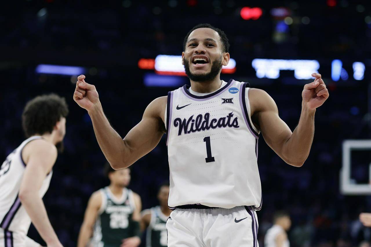 Kansas State guard Markquis Nowell reacts after a play in the second half of a Sweet 16 college basketball game against Michigan State in the East Regional of the NCAA tournament at Madison Square Garden, Thursday, March 23, 2023, in New York. (AP Photo/Adam Hunger)