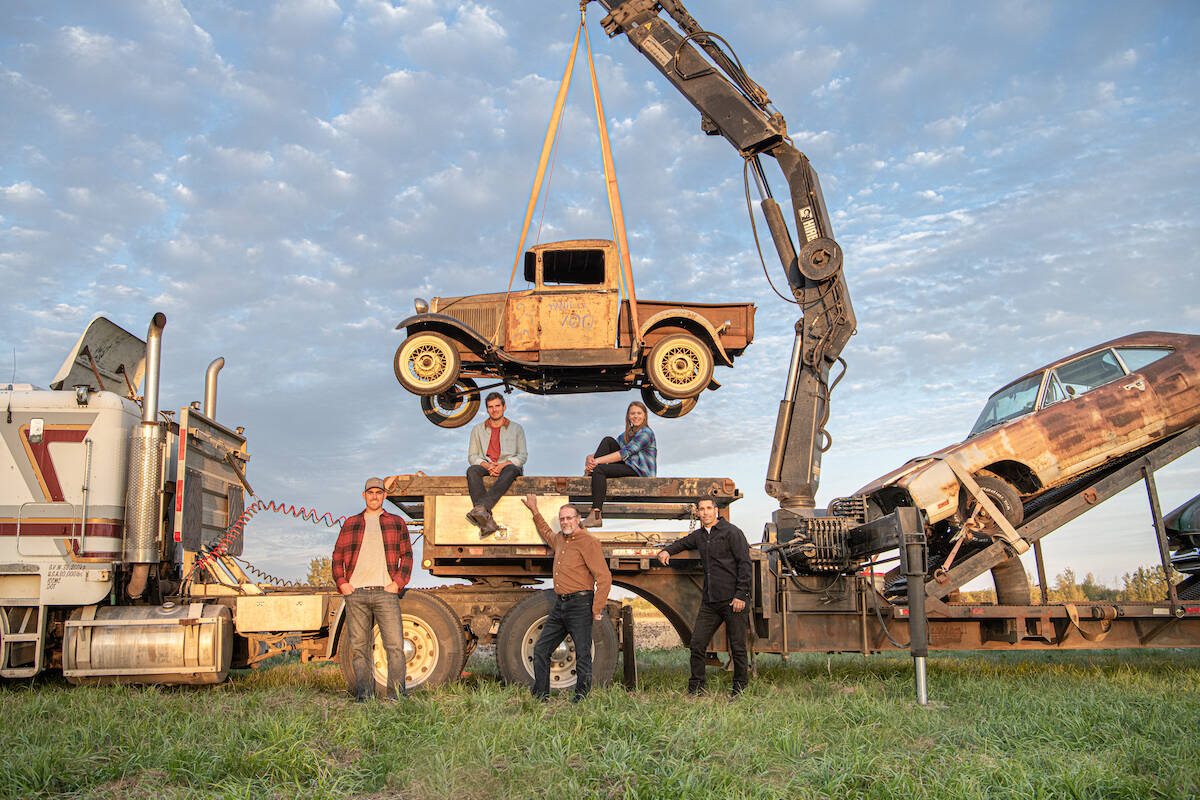 Matt Sager bottom left and his team of auto enthusiasts embarked on a 3,000 km journey from their home base in British Columbia to Northwestern Ontario for the second season of ‘Lost Car Rescue’ which aired on the History channel on April 19, 2023. (Photo by Jeff Topham)