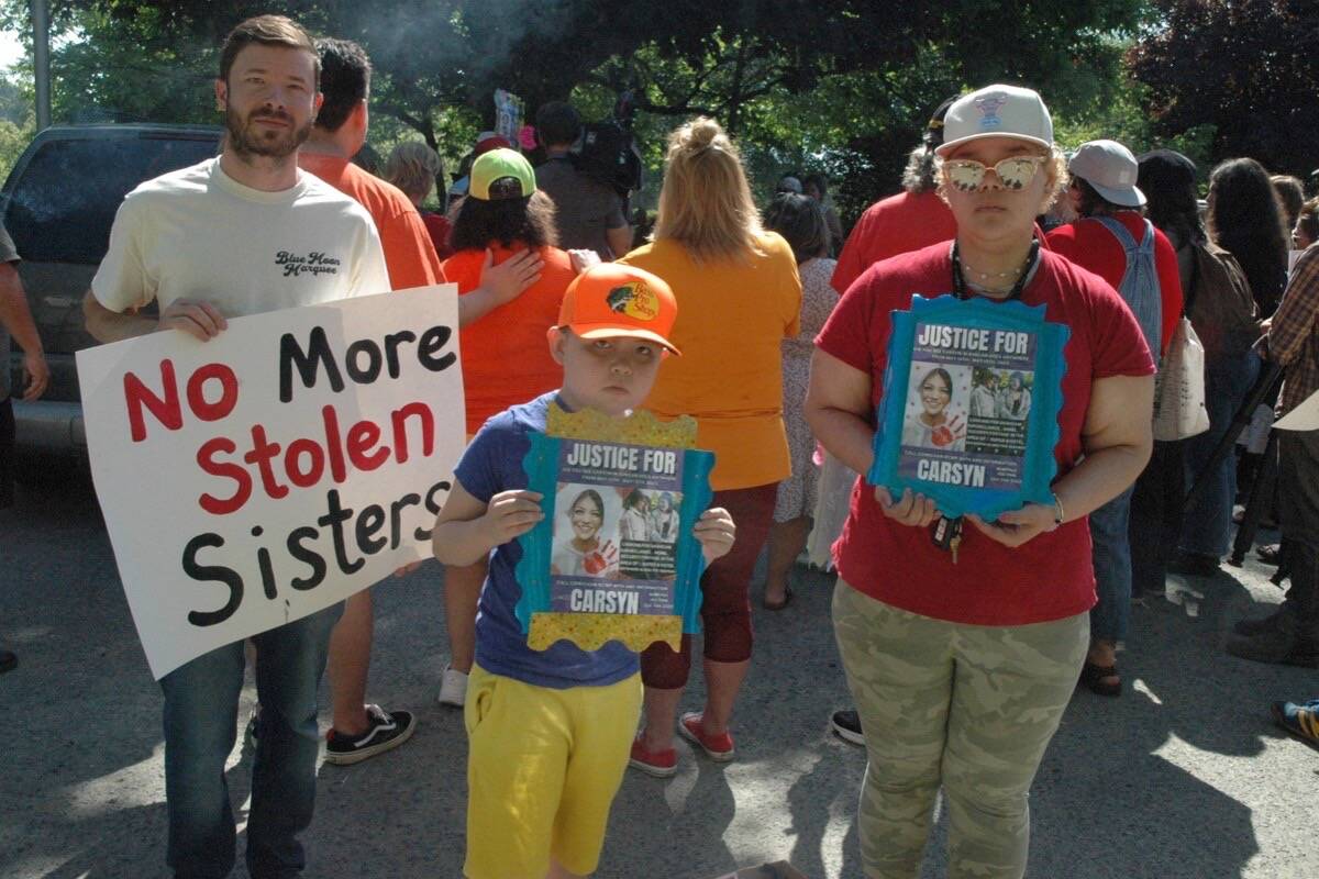 Approximately 30 protestors gathered outside the North Cowichan/Duncan RCMP detachment on May 26 to take issue with the RCMP's handling of a case involving the death of teenager Carsyn Mackenzie Seaweed. (Robert Barron/Citizen)