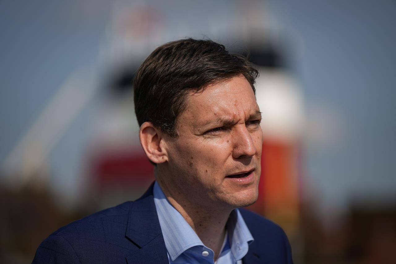 British Columbia Premier David Eby speaks during an announcement at the Seaspan Ferries Tilbury Terminal in Delta, B.C., on Thursday, April 27, 2023. British Columbia Premier David Eby says his trade mission to Asia is part of an effort to grow trade and reduce the risks that come with international uncertainties. THE CANADIAN PRESS/Darryl Dyck