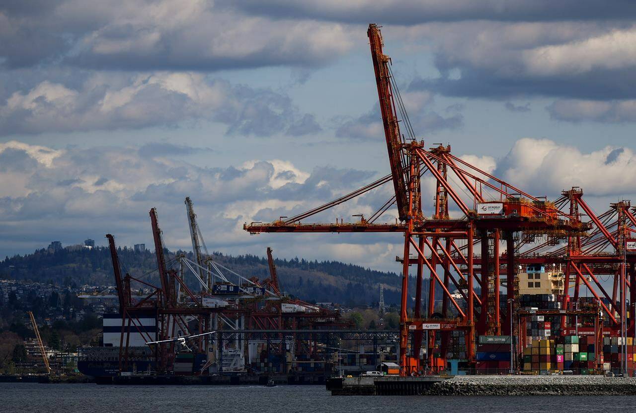 A seaplane prepares to land on the harbour as gantry cranes used to load and unload cargo containers are seen at port, in Vancouver, on Tuesday, April 25, 2023. The union representing port workers in British Columbia says it has issued 72-hour strike notice, saying they are ready to walk off the job on Saturday. THE CANADIAN PRESS/Darryl Dyck