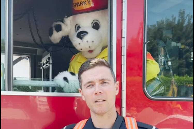 Oak Bay Fire Department Lt. Kyle Beaumont asks people to leave the pets at home, while using ‘Sparky’ as an example. (District of Oak Bay/Instagram)