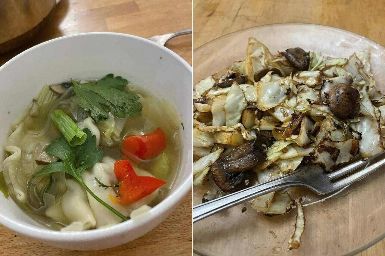 This combination of photos shows shows soup made with chicken-cilantro dumplings from the freezer and leftover vegetables, left, and stir-fried mushrooms with the cabbage. (Beth J. Harpaz via AP)
