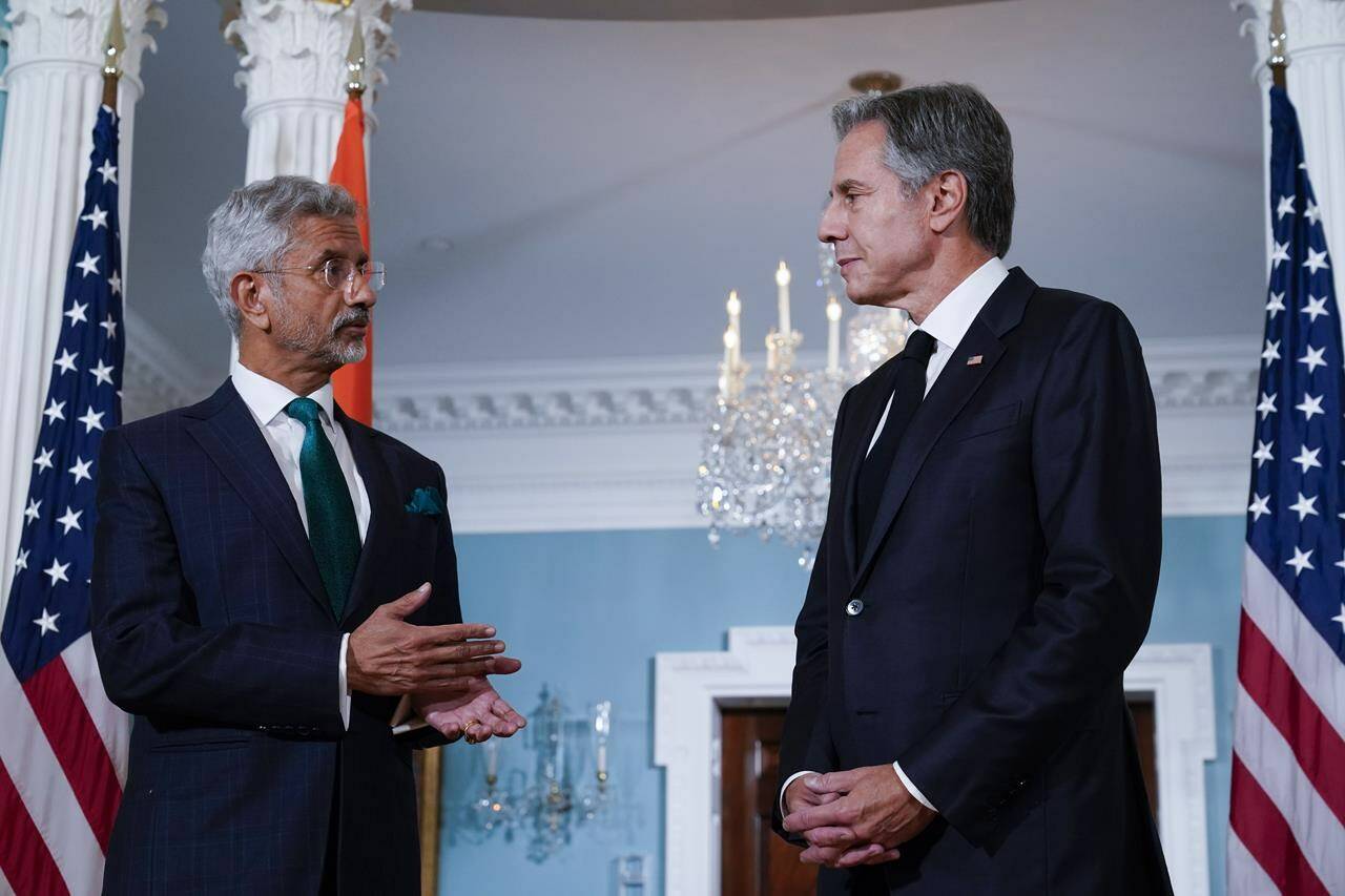 Secretary of State Antony Blinken speaks with Indian External Affairs Minister Subrahmanyam Jaishankar, Thursday, Sept. 28, 2023, at the State Department in Washington. THE CANADIAN PRESS/AP-Stephanie Scarbrough