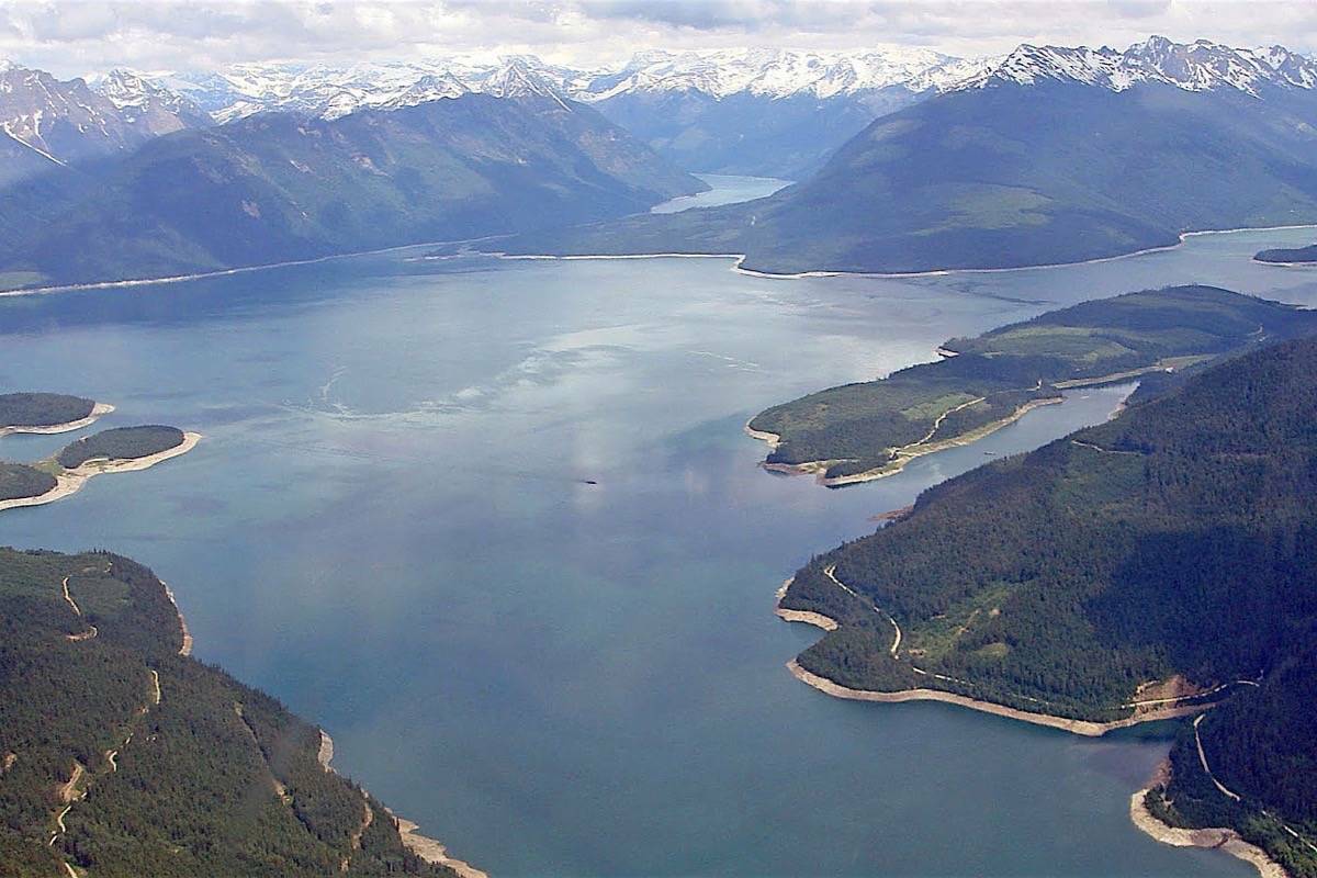 Reservoir behind Mica Dam, one of dams constructed under terms of the Columbia River Treaty. (Bonneville Power Ad)