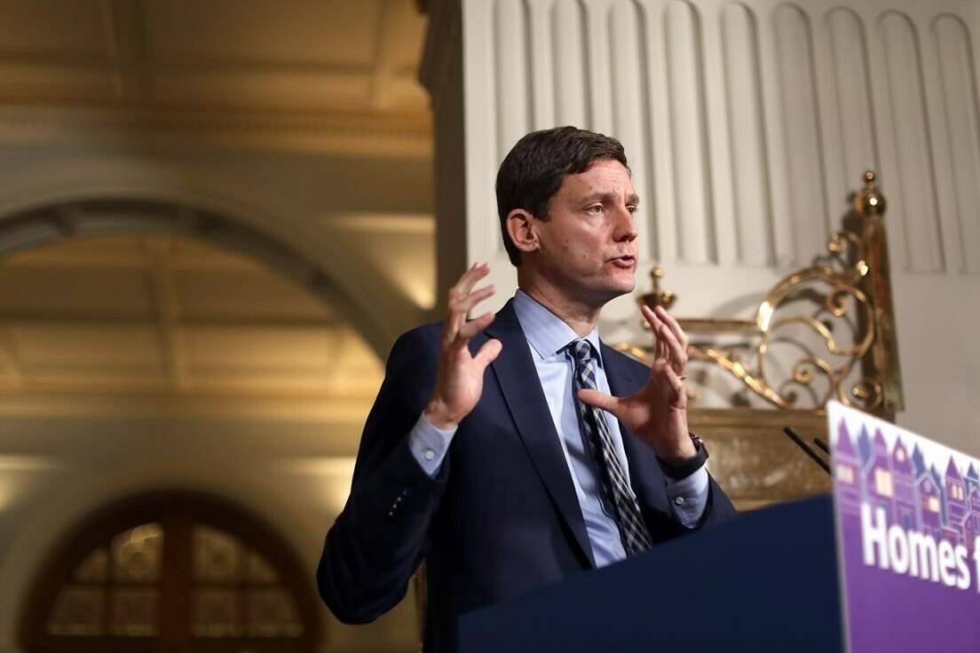 The British Columbia government is moving to protect more old-growth forests and critical habitat with a type of crowd-source funding. Premier David Eby announces legislation at a press conference at the legislature in Victoria, Monday, Oct. 16, 2023. THE CANADIAN PRESS/Chad Hipolito