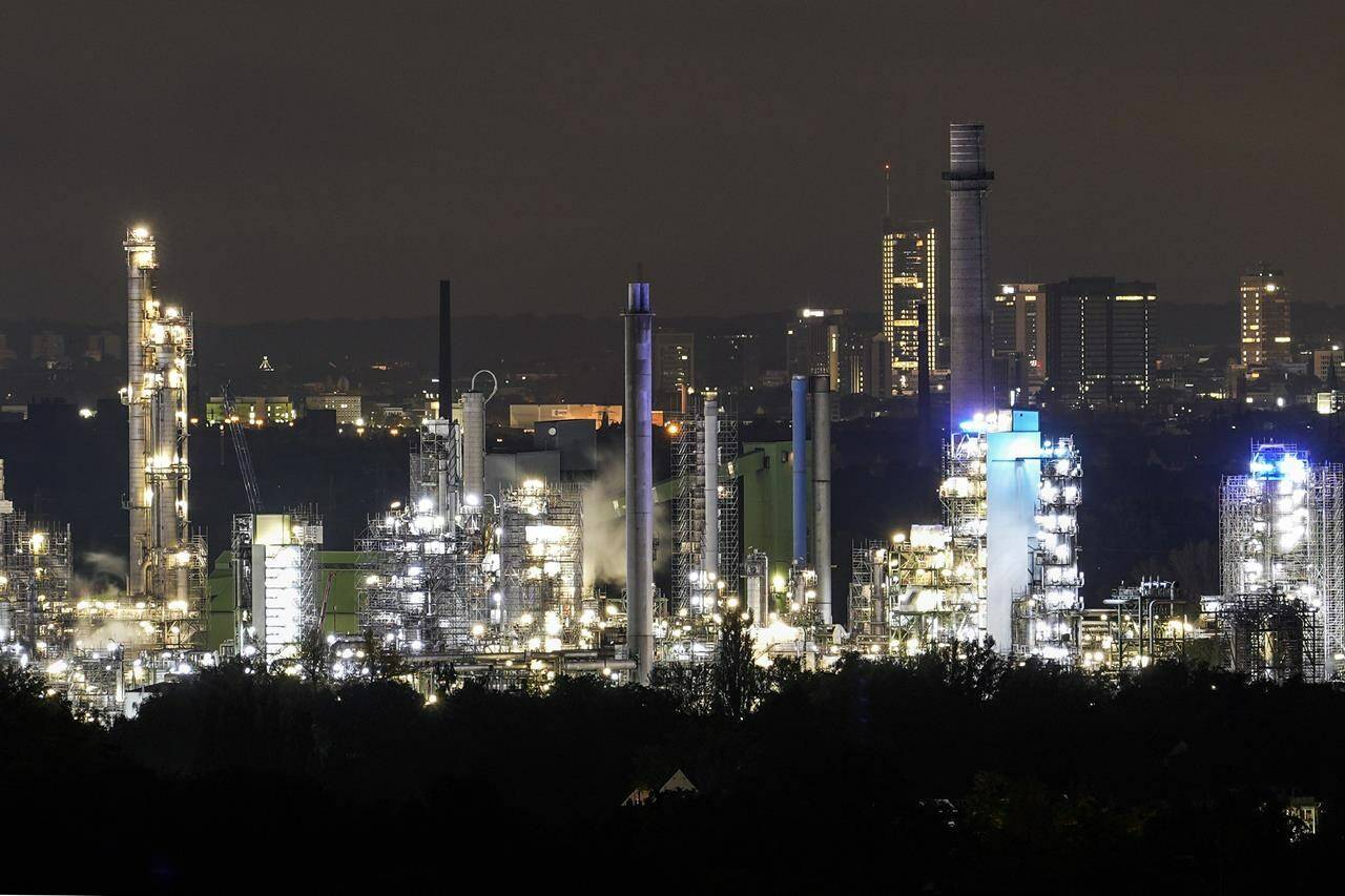 FILE - A BP oil refinery is seen in Gelsenkirchen, Germany, Tuesday, Oct. 24, 2023. The World Bank says oil prices could be pushed into “uncharted waters” if the violence between Israel and Hamas were to escalate. The organization’s Commodity Markets Outlook finds that the effects on oil prices should be limited if the conflict doesn’t widen. (AP Photo/Martin Meissner, File)