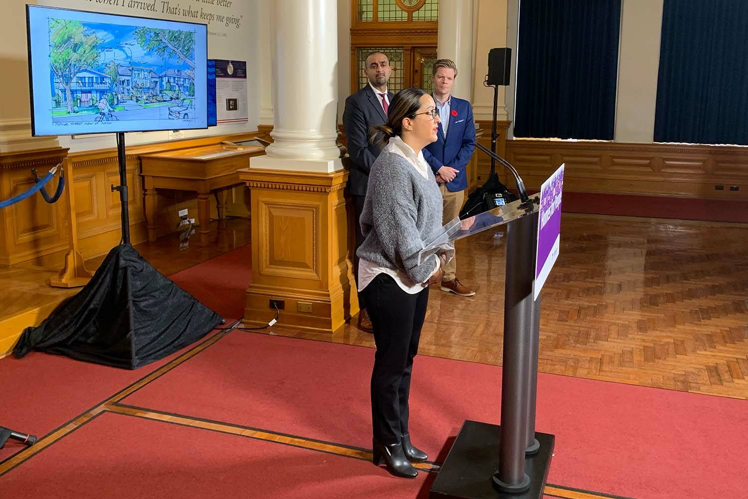 Housing Minister Ravi Kahlon, here seen at the Saanich Municipal Hall on Sept. 26, announced new legislation to increase density on lots currently zoned for single-family homes. (Black Press Media file photo)