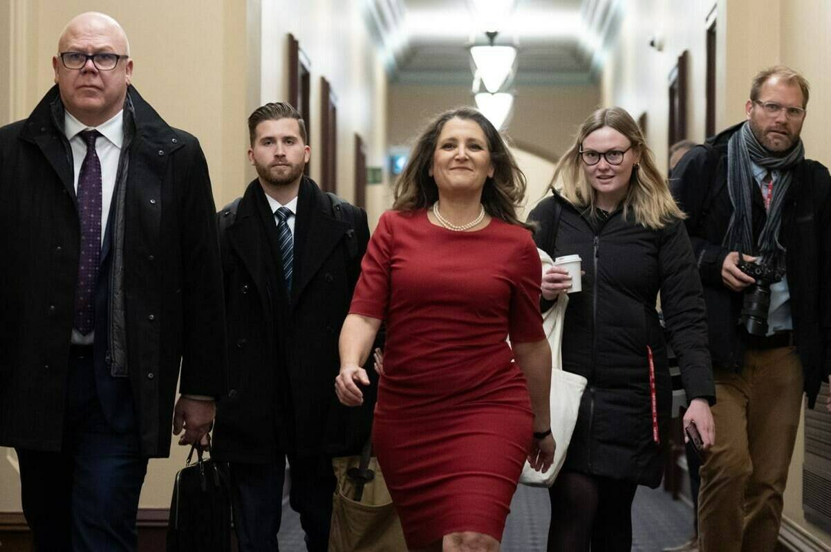 Deputy Prime Minister and Minister of Finance Chrystia Freeland makes her way to a cabinet meeting on Parliament Hill, Tuesday, November 21, 2023 in Ottawa. The Liberal government released its fall economic statement on Tuesday. THE CANADIAN PRESS/Adrian Wyld