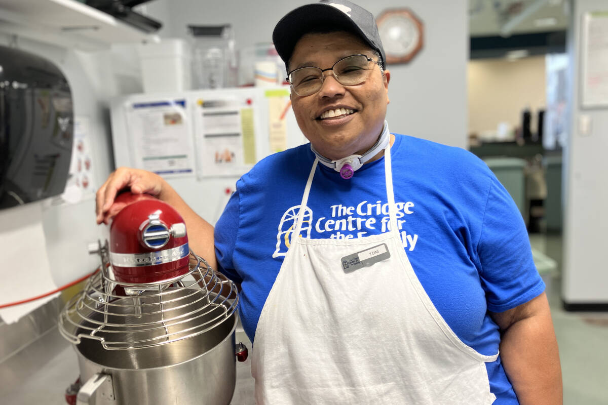 Toni King is head baker at the Second Chance Cafe in Saanich, where the eatery is staffed by brain injury survivors and serves as an educational tool for Cridge Centre programs. (Christine van Reeuwyk/News Staff)