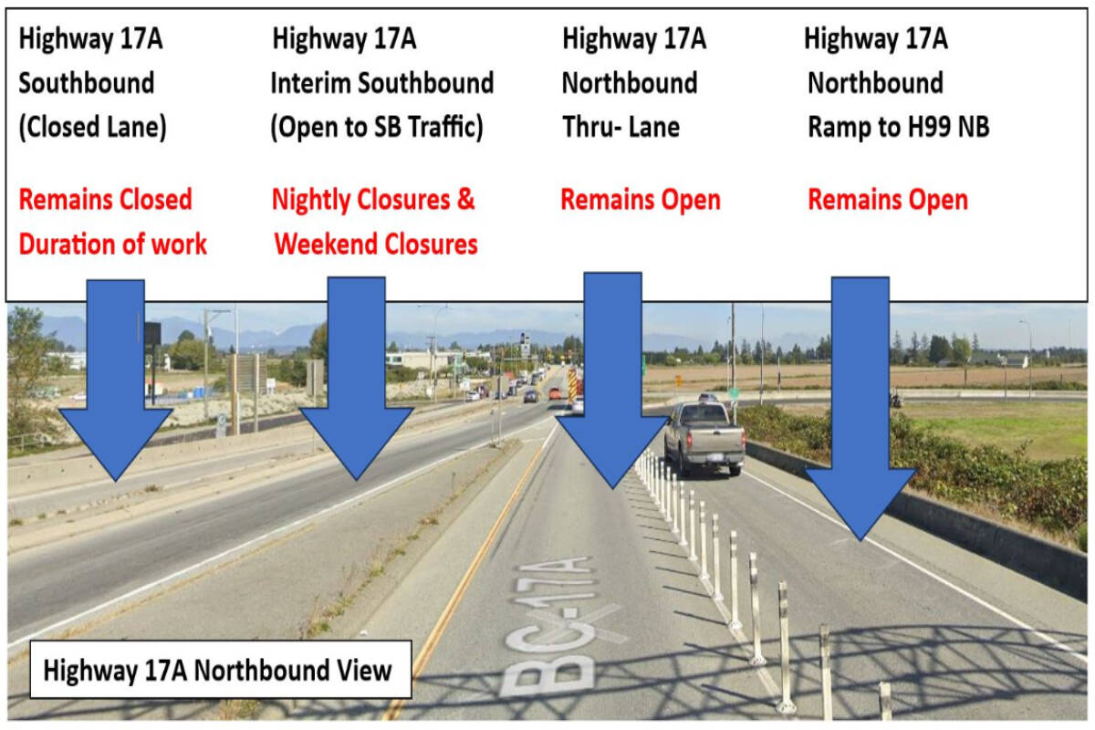 Two lanes will be affected on Highway 17A. One will also have weekend closures. Drivers are recommended to consider slowdowns when making their commute. (BC Gov’t photo)