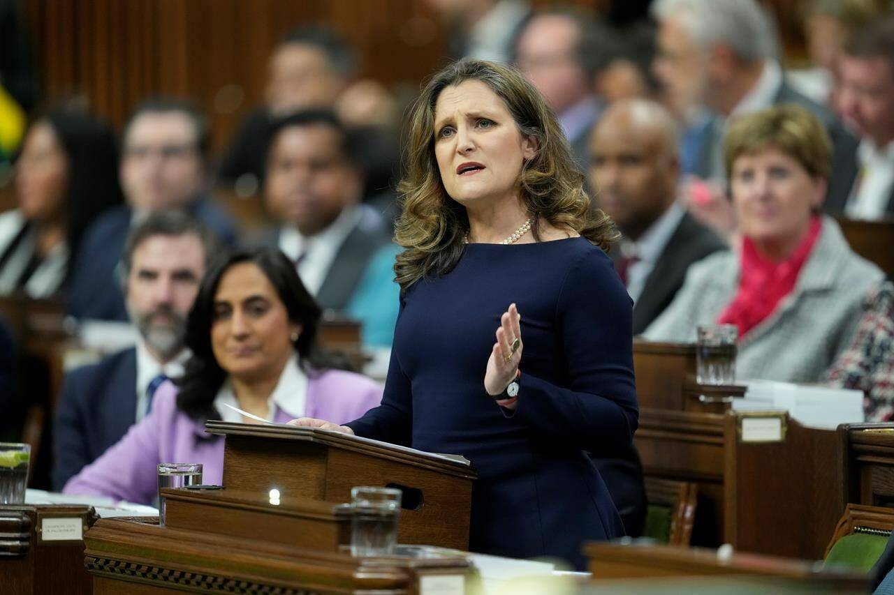 Finance Minister Chrystia Freeland delivered the federal budget in the House of Commons in Ottawa on Tuesday, April 16, 2024. It’s now up to the federal government to sell a spending plan it says will help younger Canadians catch up to their elders. THE CANADIAN PRESS/Adrian Wyld