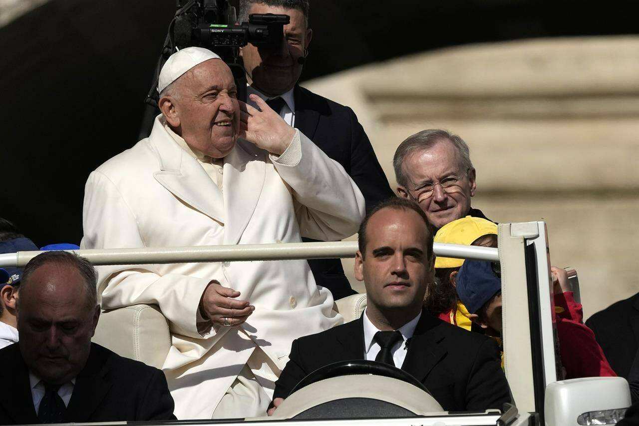 Pope Francis arrives for an audience with Azione Cattolica (Catholic Action) pilgrims and faithful in St. Peter’s Square, at the Vatican, Thursday, April 25, 2024. (AP Photo/Alessandra Tarantino)